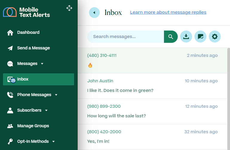 screenshot of Mobile Text Alerts